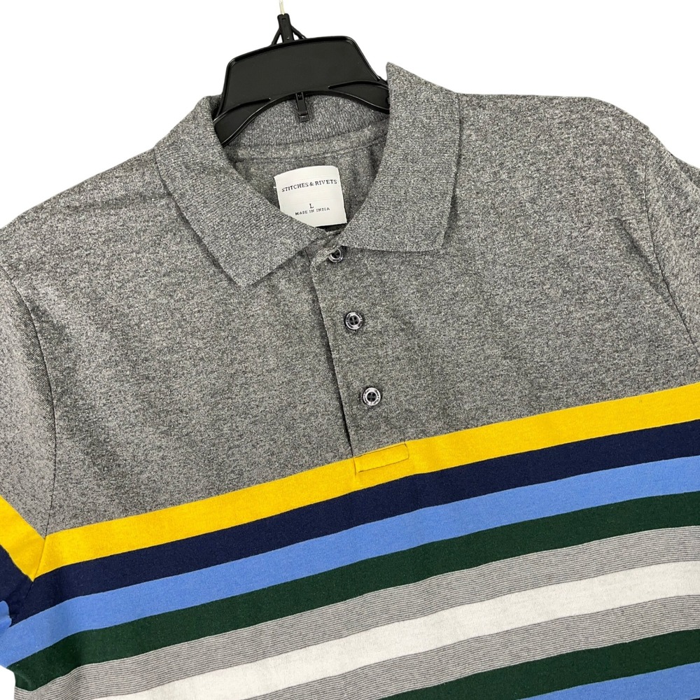Stitches & Rivets Polo Shirt Mens L Striped Short Sleeve Casual‎ Preppy Rugby